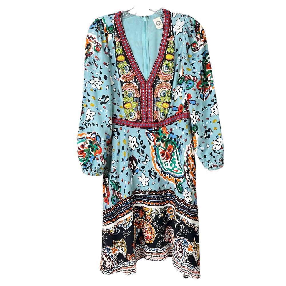 Akemi+ Kin Anthropologie Blue Fit & Flare Boho Beaded V-Neck Dress Womens SZ 8 - Picture 3 of 16